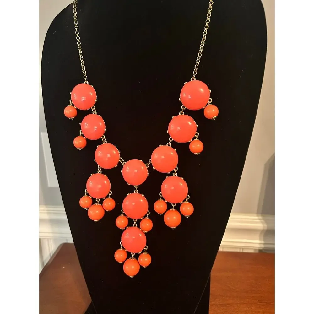 J Crew Tangerine Orange Bubble Necklace Gold Tone Chain Statement 24 Inch